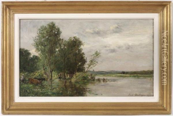 Vaches Au Bord De La Riviere En Crue Oil Painting - Karl Pierre Daubigny