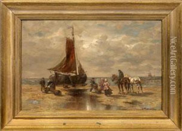 Hollandische Fischer Mit Boot Am Strand Oil Painting - Desire Tomassin