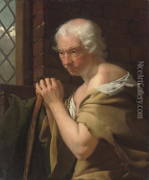 An Old Man With A Staff By A Window Oil Painting - William Bate