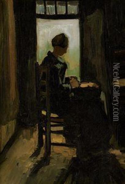 Vrouw Zittend Voor Een Geopende Deur, Aardappels Schillend Oil Painting - Vincent Van Gogh