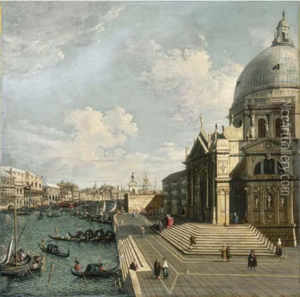 The Entrance Of The Grand Canal,
 Venice, Looking East With Santamaria Della Salute And The Dogana Oil Painting - (Giovanni Antonio Canal) Canaletto