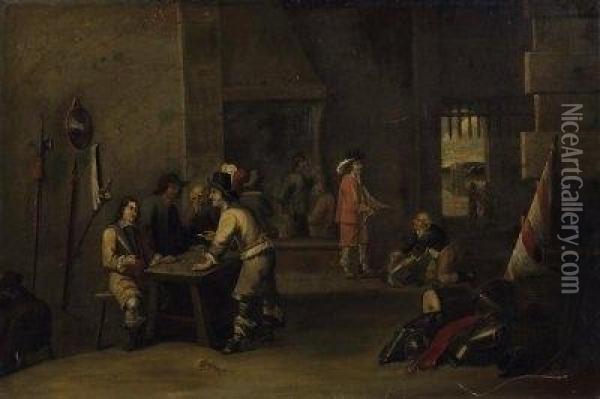 Interior With Soldiers Playing 
Games. Subsequently Denoted On The Table: David Teniers 1644 Oil Painting - David The Younger Teniers