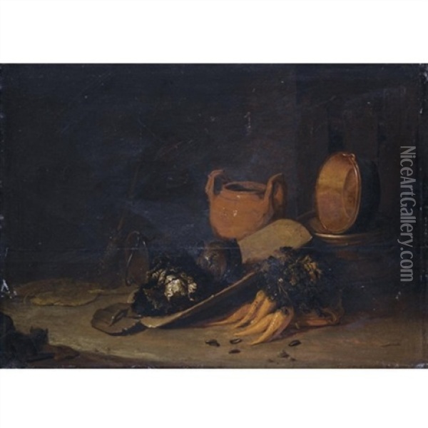A Still Life With A Terracotta Urn, A Copper Basin, Cabbages And Carrots, Set In A Barn Interior Oil Painting - Egbert Lievensz van der Poel
