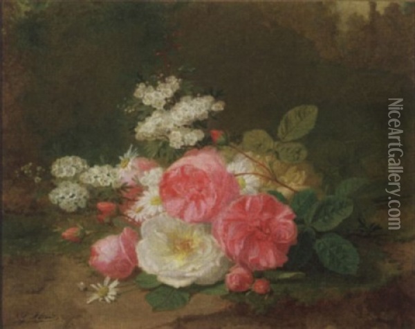 Roses Anciennes Et Primeveres Oil Painting - Jules Ferdinand Medard