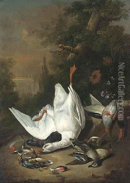 A goose, woodpecker, ducks and other dead game in a clearing Oil Painting - Jan Weenix II