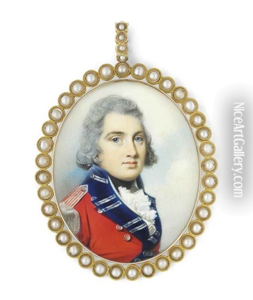 George King, 3rd Earl Of Kingston, In The Uniform Of The 50th Regiment Of Foot, Scarlet Coat With Blue Facings, Silver Frogging, Epaulettes And Buttons Oil Painting - George Engleheart