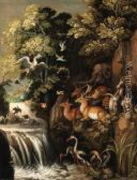 Deer, Goats, An Elephant And Other Animals By A Waterfall Oil Painting - Roelandt Jacobsz Savery