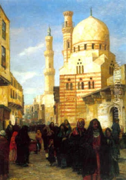 Promeneurs Devant La Mosquee Ibrahim Agha, Au Caire Oil Painting - Georg Macco