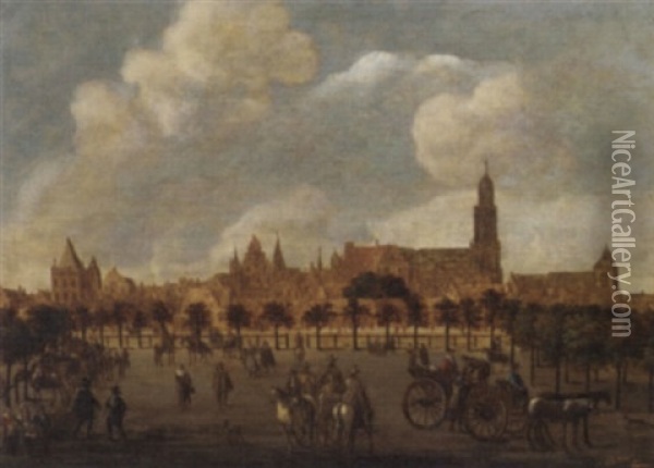 Figures Of Het Vredenburg, Utrecht With The Domkerk And The Buurkerk Beyond Oil Painting - Sybrand Van Beest