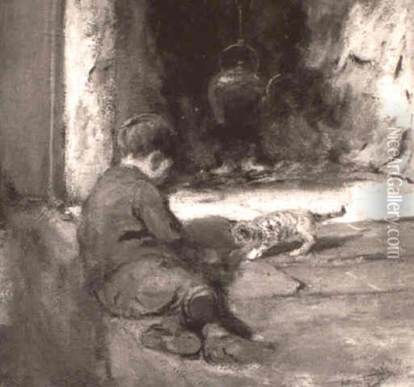 Boy Playing With Kitten Oil Painting - Arthur Hacker