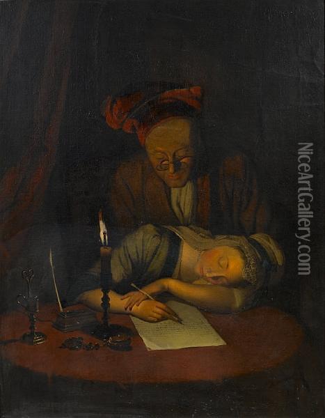 A Young Woman Asleep At Her Desk, An Elderlyman Looking On Oil Painting - Henry Robert Morland