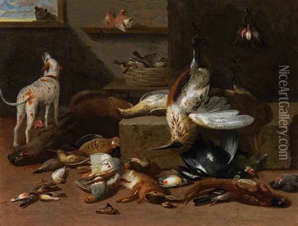 Hunting Still Life With Dog And Cat Oil Painting - Jan van Kessel the Younger