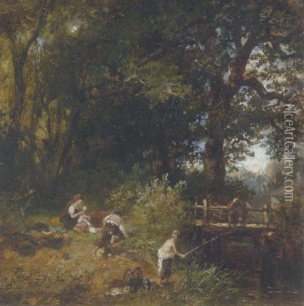 Waldlandschaft Mit Kindern Beim Angeln Oil Painting - Carl Ebert