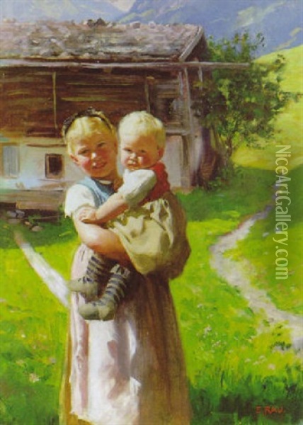 Kinder Vor Einem Gebirgsbauernhof Oil Painting - Emil Rau
