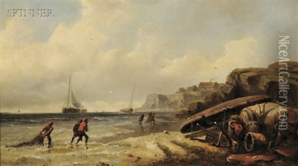 Fishermen Pulling Nets Ashore Oil Painting - Albertus Van Beest