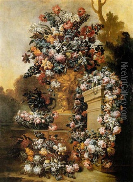 Still Life Of Flowers Arranged In A Sculpted Urn, Together With Garlands Of Flowers, Set Within A Classical Garden Oil Painting - Nicola Malinconico