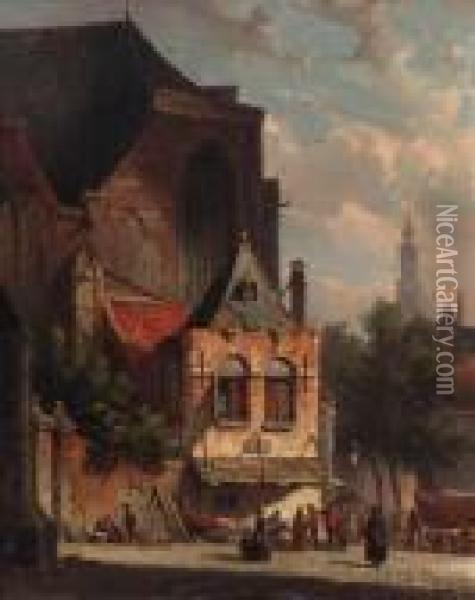 Numerous Townsfolk Visiting A Market On A Church Square Oil Painting - Adrianus Eversen