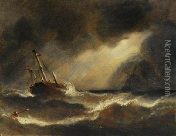 Storm- Ship In Distress Oil Painting - William Adolphu Knell