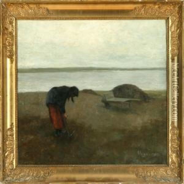 Autumn Inlet Scenery With A Woman Weeding The Fields Oil Painting - Jens Vige