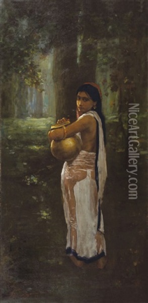 Untitled (woman With Pitcher) Oil Painting - Hemen Mazumdar