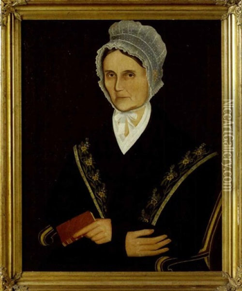Portrait Of Rhoda Bennett Seated In Black And Mustard Scroll Arm Chair Oil Painting - Ammi Phillips