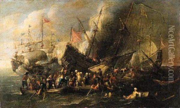 Scontro Navale Tra Turchi E Cristiani Oil Painting - Cornelis de Wael