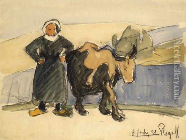 Plogoff Paysanne Et Sa Vache Oil Painting - Maurice Le Scouezec