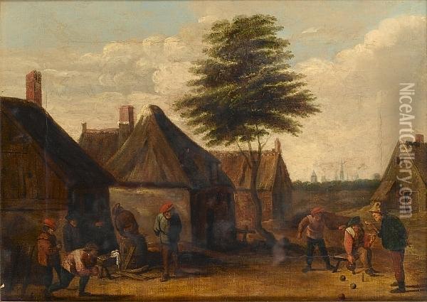 Peasants Playing Bowls In A Village Street Oil Painting - David The Younger Teniers