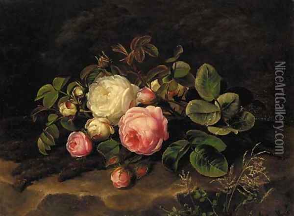 Pink and white roses on a mossy rock Oil Painting - Johan Laurentz Jensen