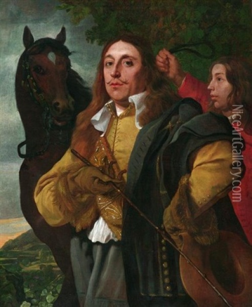 Portrat Eines Edelmannes Mit Pferd Und Burschem Vor Weiter Hugellandschaft Oil Painting - Bartholomeus Van Der Helst