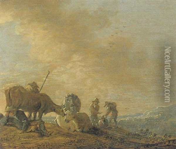 Herdsmen With Cattle In A Landscape Oil Painting - Anthony Jansz van der Croos