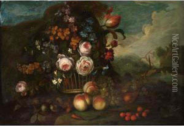 A Still Life With Roses, A Tulip
 And Other Flowers In A Basket, Peaches, Grapes And Strawberries In 
Front, In A Landscape Oil Painting - Pieter Hardime