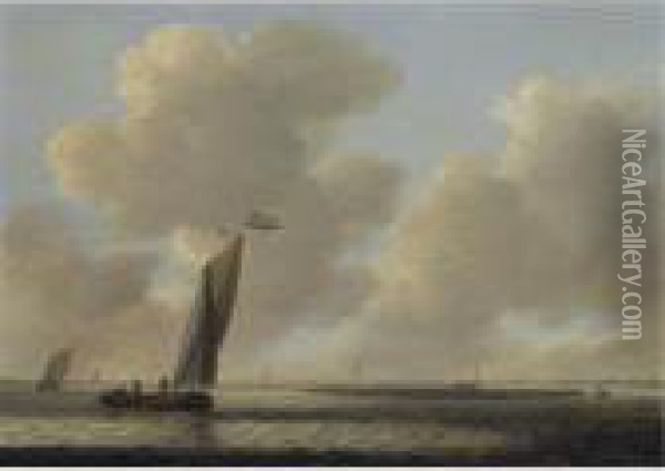 A Dutch Boeier In A Calm Sea, Off The Coast Oil Painting - Simon De Vlieger