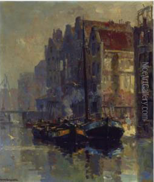Moored Boats At The Back Of The Zeedijk, Amsterdam Oil Painting - Frans Langeveld