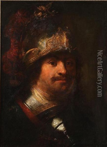 Bust Portrait Of A Soldier Wearing A Helmet And Armor Oil Painting - Rembrandt Van Rijn