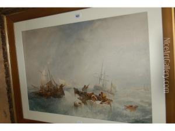 Coastal Scene With Fishing Smacks In Stormy Seas Oil Painting - John Cuthbert Salmon
