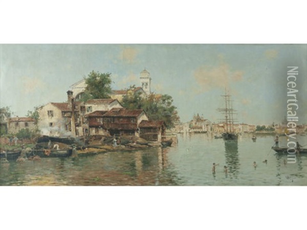 A Venetian Canal Oil Painting - Antonio Maria de Reyna Manescau