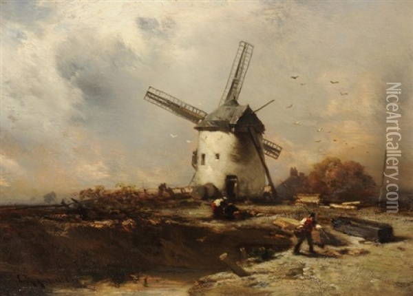 Bauern Vor Der Windmuhle Bei Aufkommendem Gewitter Oil Painting - Charles Hoguet