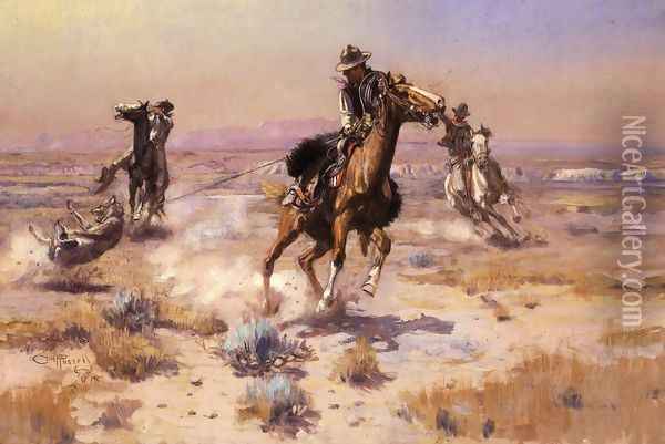 At Rope's End Oil Painting - Charles Marion Russell