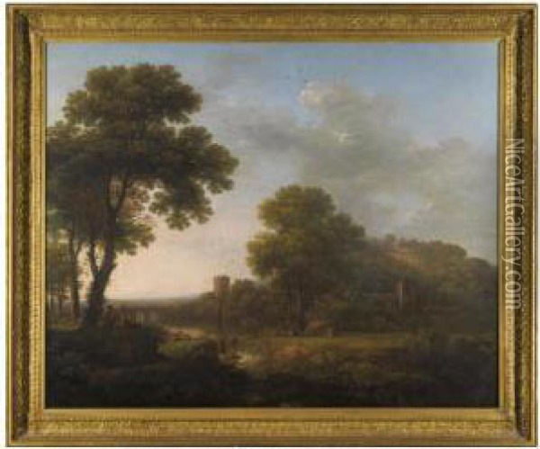 An Italianate Landscape With A Hilltop Castle And Figures Beside A Waterfall Oil Painting - James, Snr, Lewes Of Lambert