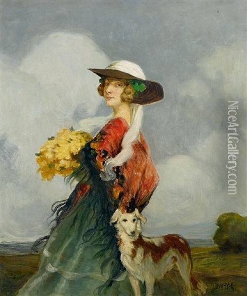Bildnis Einer Dame Mit Hund Oil Painting - Geza Udvary