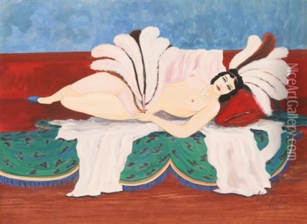 Reclining Topless Fan Dancer Oil Painting - Walt Kuhn