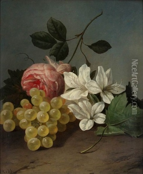 Still Life With Grapes, Rose And White Flowers Oil Painting - Henri Robbe