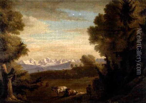 Berner Alpen Mit Weidenden Kuhen Im Vordergrund Oil Painting - Pierre Nicolas Legrand de Lerant