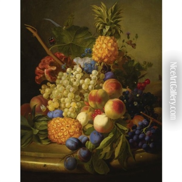 Still Life Of Grapes, Peaches, Plums, And Pineapples Resting On A Marble Table Oil Painting - Jan van Os
