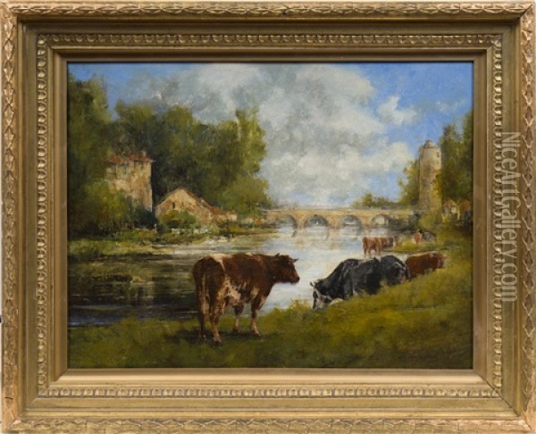 Cows On A Riverbank Oil Painting - Jules Dupre