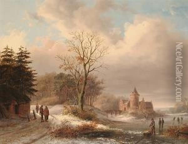 Figures In A Winter Landscape, A Castle Beyond Oil Painting - Cornelis Lieste