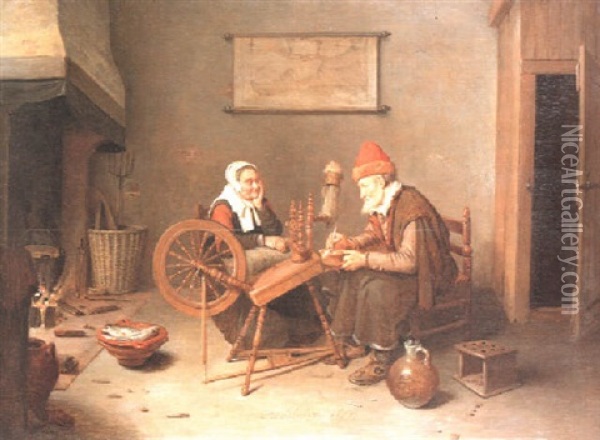 Interior With An Old Woman Seated At A Spinning Wheel Oil Painting - Quiringh Gerritsz van Brekelenkam