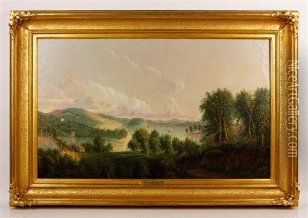 The Old Bridge, Whitehall, New York, View Of Camel's Hump Mountain, Vermont (from Whitehall, New York) Oil Painting - Daniel Charles Grose