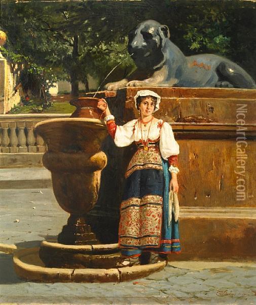 A Peasant Girl Standing At A Fountain Oil Painting - Francesco Raffaello Santoro